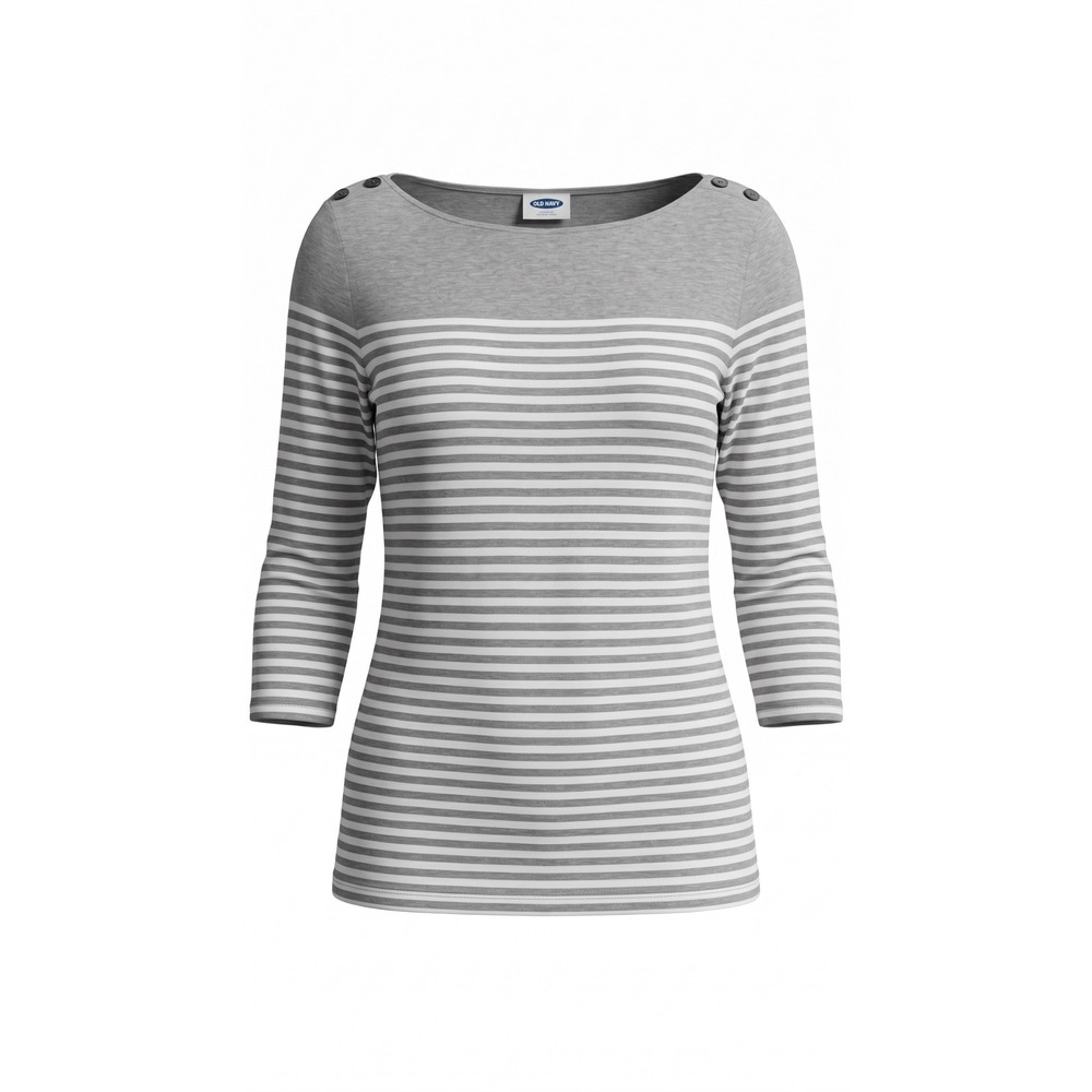Old Navy Womens Grey White Striped Boatneck Top 3/4 Sleeve Button Shoulder XL